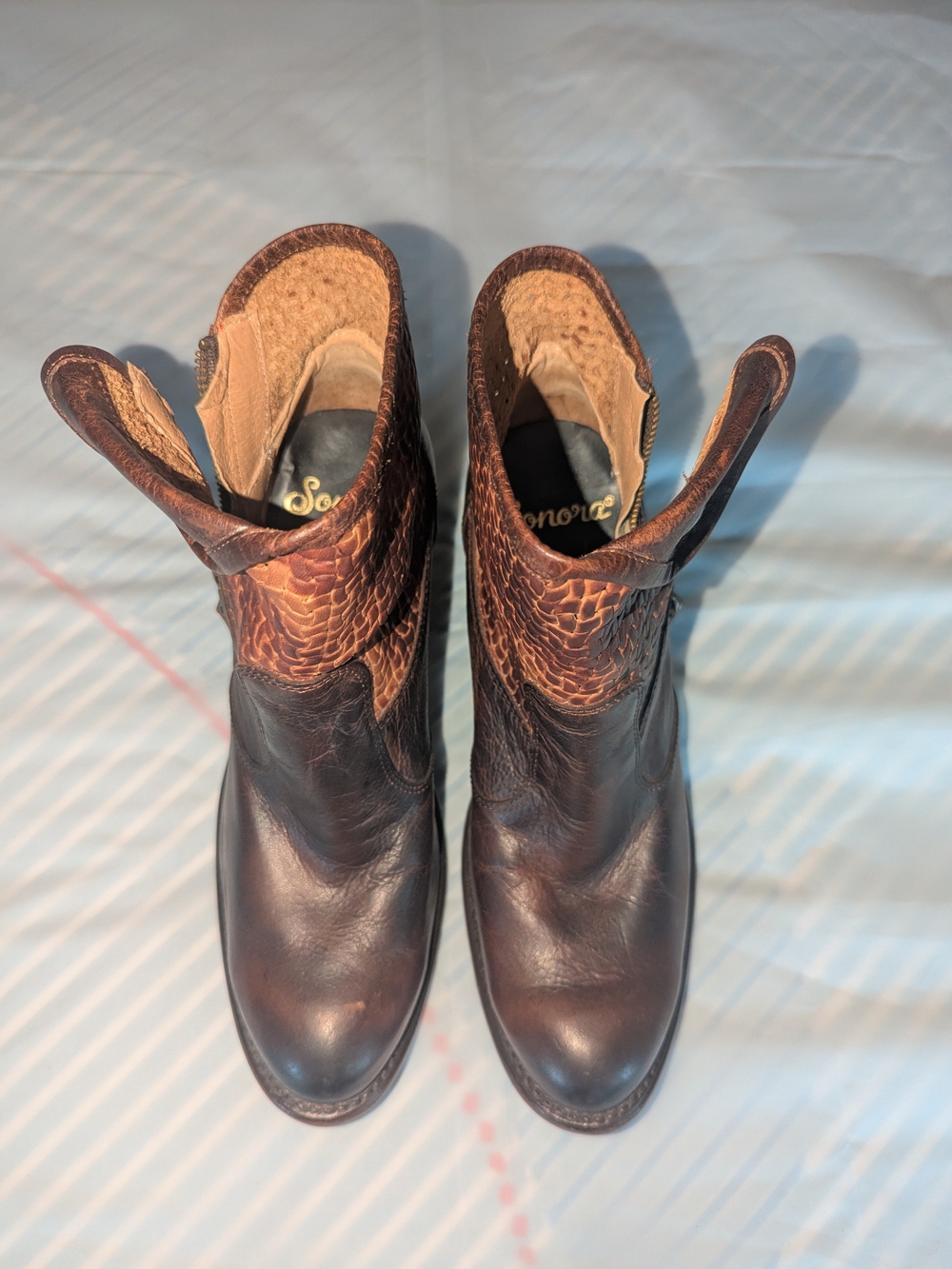 Sonora Women's Brown Woven Top Leather Ankle Boots Size 10B(Medium Width)